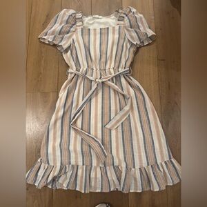 Striped Ruffle Sleeve Dress with Belt